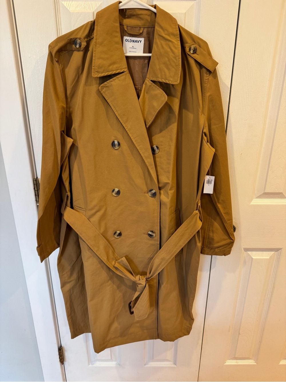 Old Navy Water Resistant Tie Belt Trench Coat XL Camel Tan NWT Long Classic